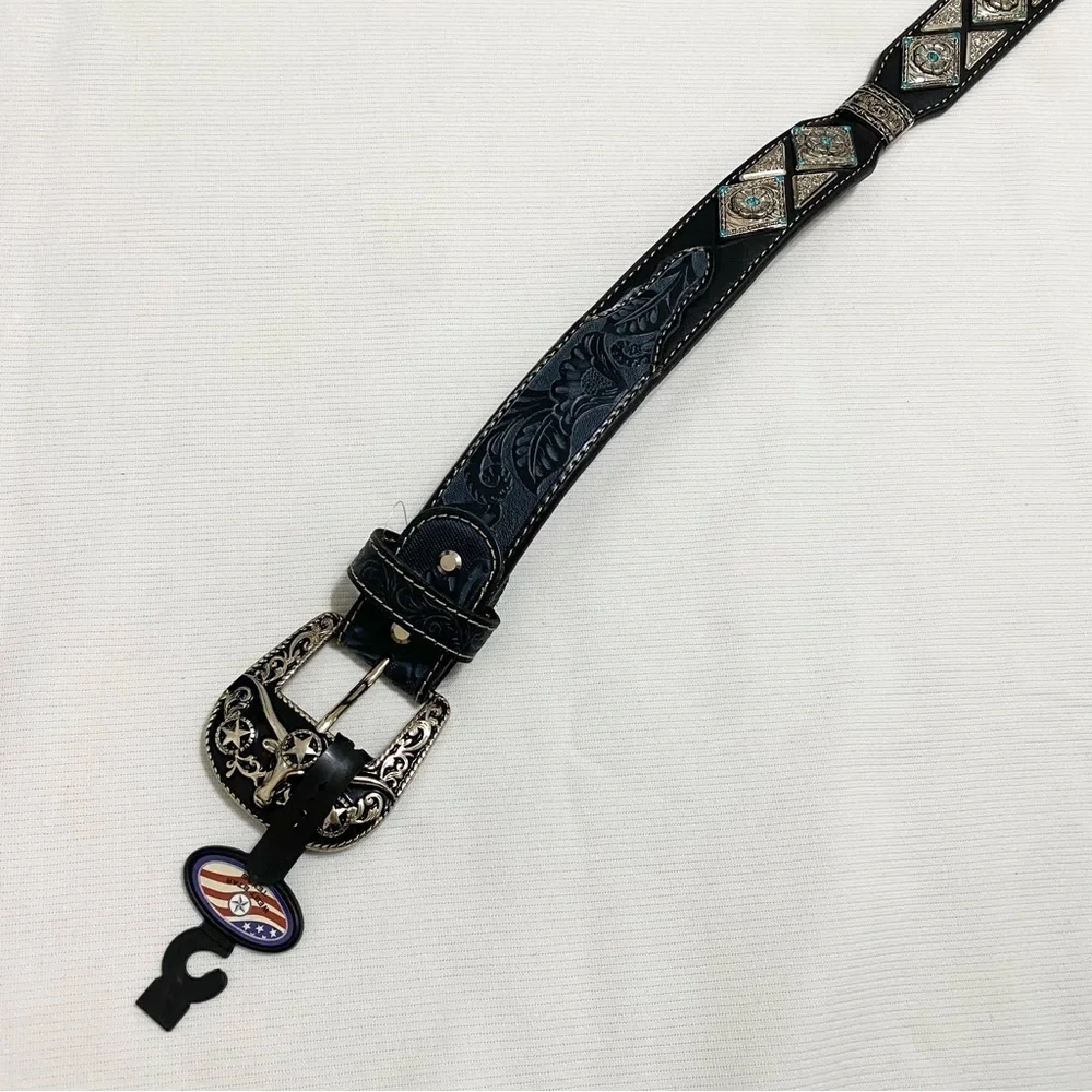 West Star Texas Men’s Western Black Tooled Leather Silver Concho Belt XXL